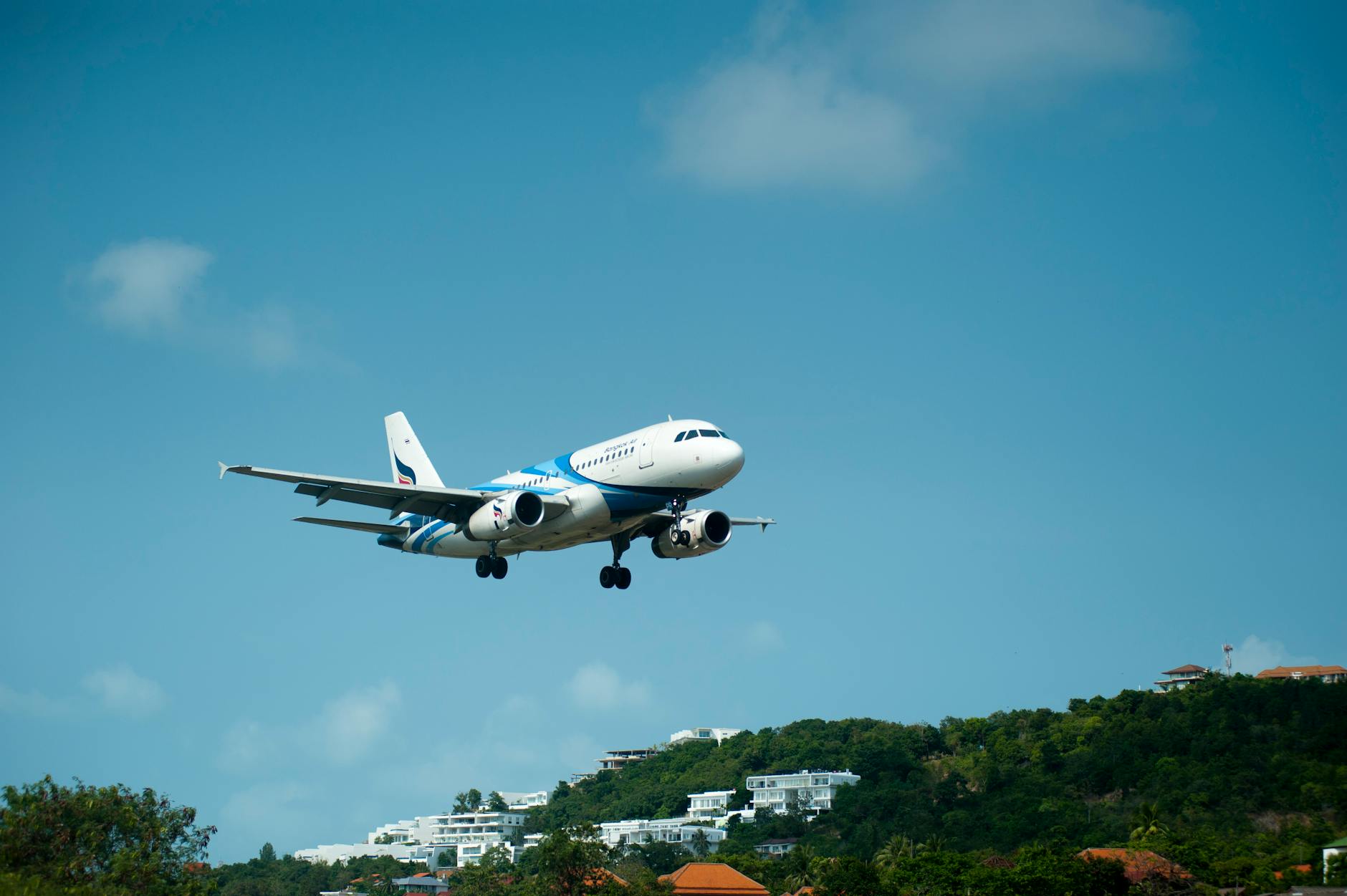 white and blue passenger plane passing above green tree covered hill