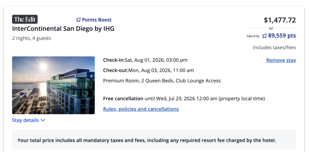 InterContinental San Diego booked with Chase's The Edit credit