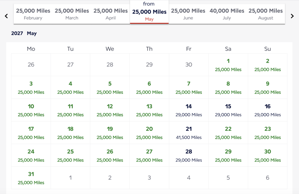 Flying Blue award calendar showing lowest mileage dates