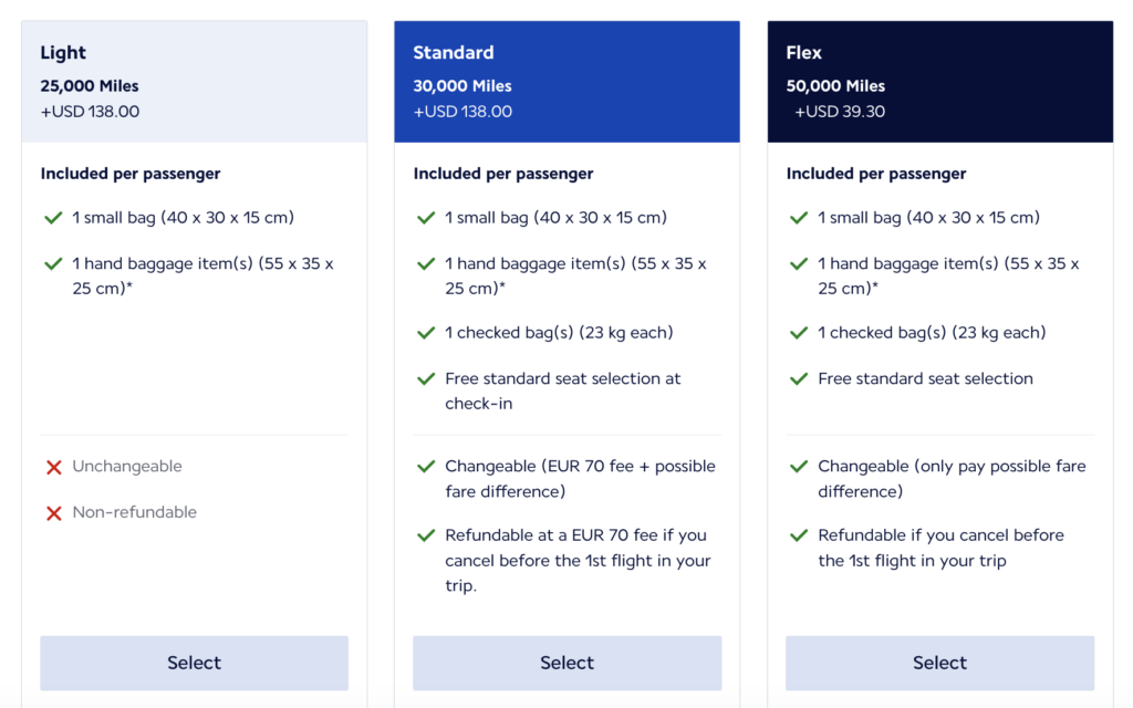 Flying Blue economy award ticket Light Standard Flex pricing comparison
