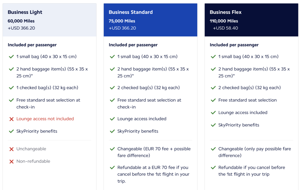 Flying Blue business class award pricing San Francisco to Amsterdam